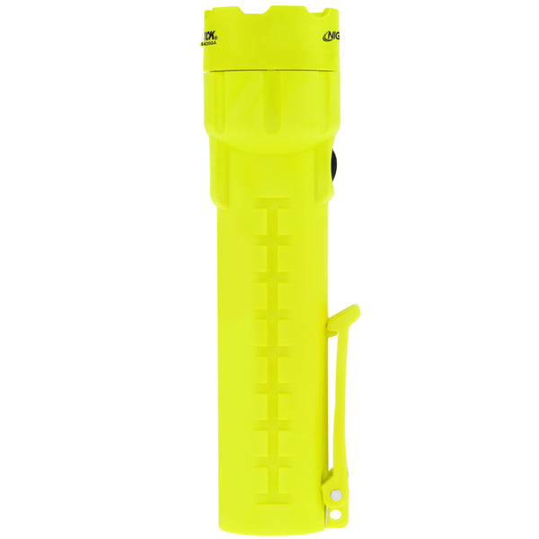The Nightstick XPP-5420G [UL-913] IS Permissible Flashlight is a yellow plastic tool with a ribbed grip, side clip, and black top button. MSHA listed, it stands upright on a white background for enhanced workplace safety.