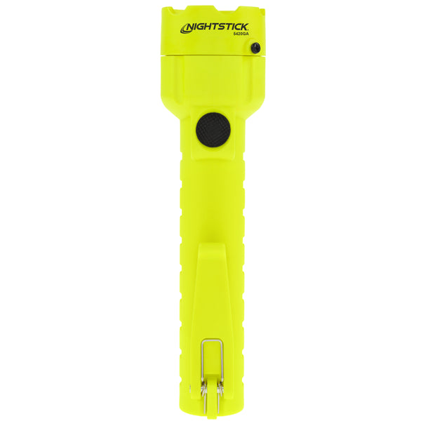The Nightstick XPP-5420GA [Zone 0] IS Torch is a yellow ATEX certified flashlight with a black button and a metal clip on the bottom, shown against a white background.