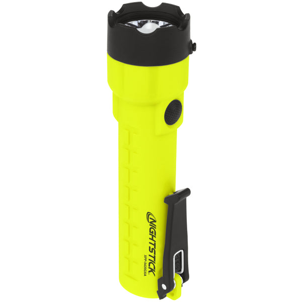 The Nightstick XPP-5420GXA [Zone 0] IS Flashlight is a yellow, handheld, impact-resistant flashlight with a black head, side button, and clip, featuring the "Nightstick" brand name on the body.