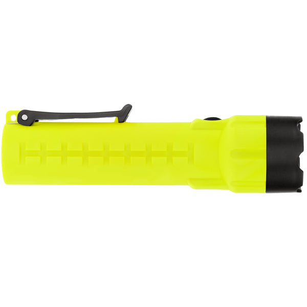 The Nightstick XPP-5420GXA [Zone 0] IS Flashlight, shown from the side with a yellow, impact-resistant body, black clip and head, is ideal as an intrinsically safe LED flashlight for tough environments.