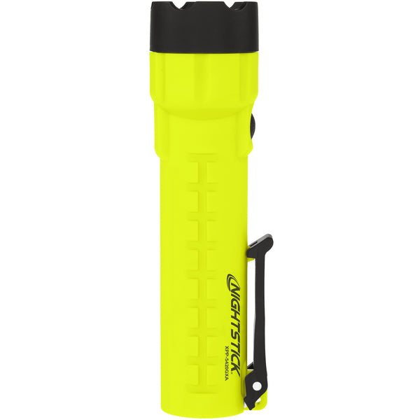 The Nightstick XPP-5420GXA [Zone 0] IS Flashlight is a yellow, handheld, impact-resistant flashlight with a black top and side clip, featuring the Nightstick logo on the body.