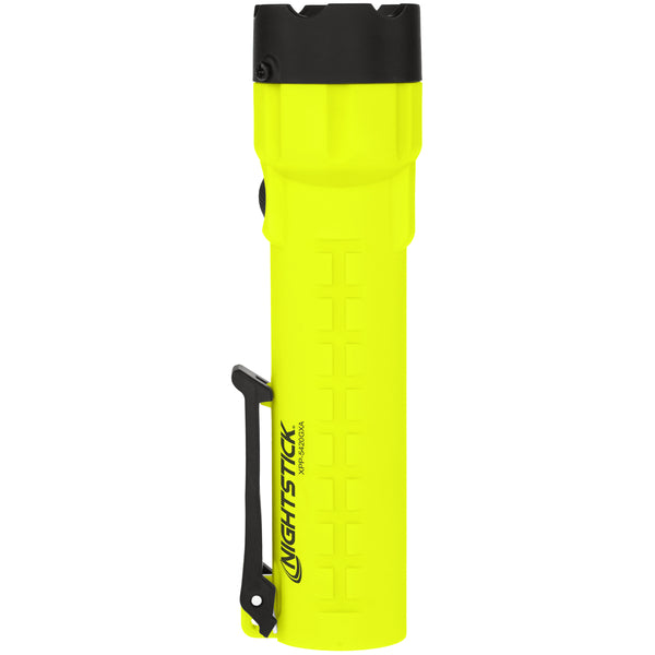 The Nightstick XPP-5420GXA [Zone 0] IS Flashlight is a yellow handheld, Intrinsically Safe LED flashlight with a black clip and lens cover, featuring the "Nightstick" label on its body.