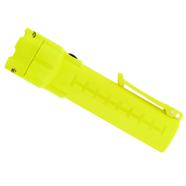 The Nightstick XPP-5420G [UL-913] IS Permissible Flashlight is a yellow handheld LED flashlight with a side clip, displayed on a white background.