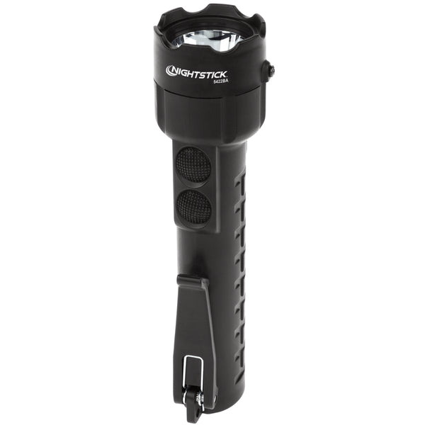 The Nightstick XPP-5422BA [Zone 0] IS Dual-Light Flashlight is a black ATEX flashlight with Dual-Light LED technology, a bottom clip, and two textured buttons on the handle.