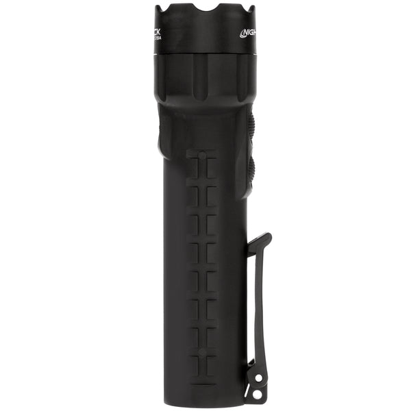 The Nightstick XPP-5422BA [Zone 0] IS Dual-Light Flashlight is a black handheld ATEX torch with a textured grip and metal pocket clip, shown standing upright on a white background.