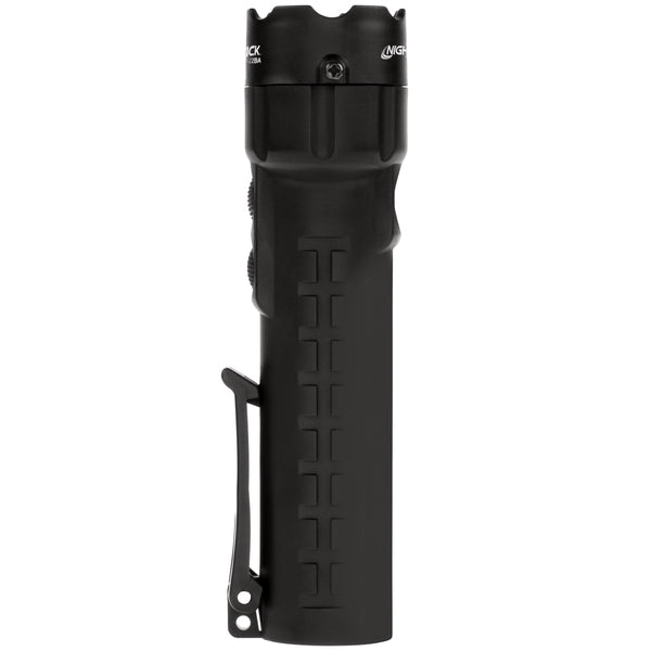 Nightstick XPP-5422BA [Zone 0] IS Dual-Light Flashlight with textured grip and metal clip, shown upright on a white background.