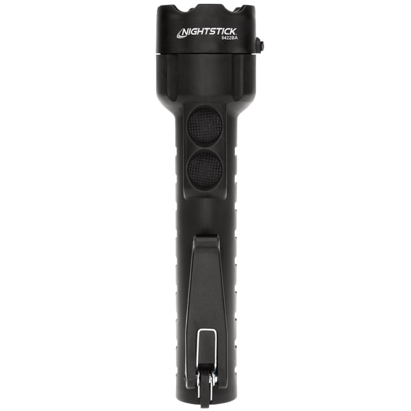 The Nightstick XPP-5422BA [Zone 0] IS Dual-Light Flashlight is black, features a textured grip, two front buttons, and a rear metal clip.