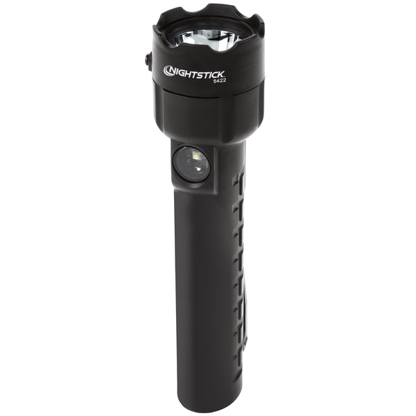 The Nightstick XPP-5422B [UL-913] IS Permissible Dual-Light Flashlight, in black with a textured grip and side switch, stands upright against a white background.