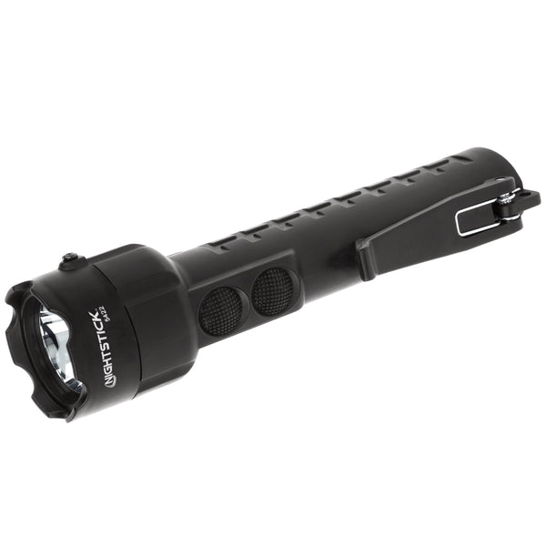 The Nightstick XPP-5422B [UL-913] is a black handheld Dual-Light LED flashlight with a textured grip, two round buttons, metal clip, and "Nightstick" branding—an Intrinsically Safe Flashlight ideal for demanding environments.