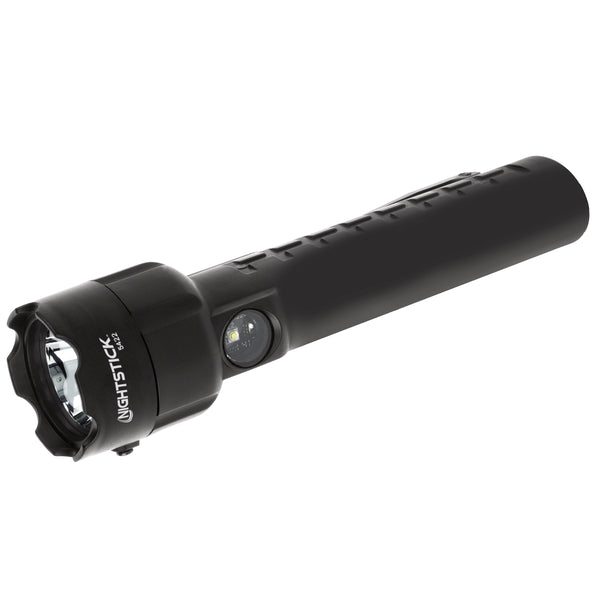 The Nightstick XPP-5422B [UL-913] IS Permissible Dual-Light Flashlight is a black MSHA-listed model featuring a textured handle, side power button, and clear front lens for enhanced safety.