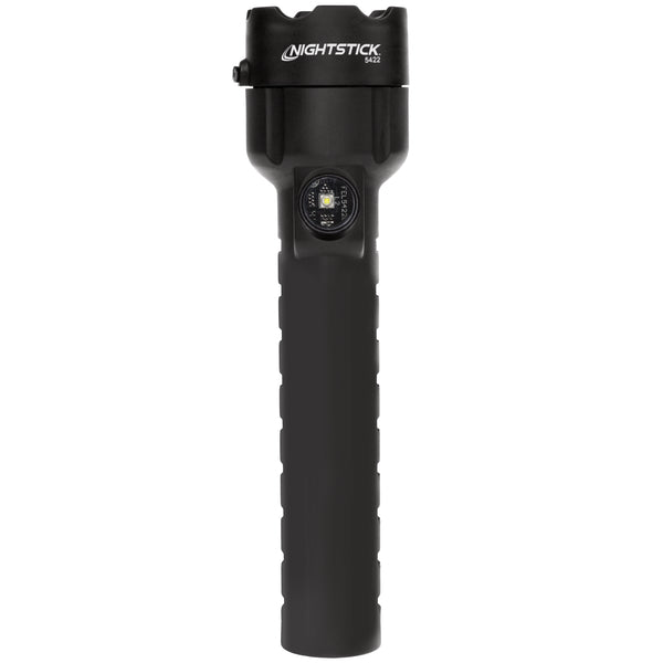 A Nightstick XPP-5422B [UL-913] IS Permissible Dual-Light Flashlight in black stands upright against a white background, showcasing its reliable Dual-Light LED for versatile illumination.