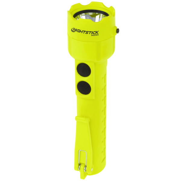A Nightstick XPP-5422GA [Zone 0] IS Dual-Light Torch in yellow, featuring two black buttons and a handle clip, stands upright on a white background.