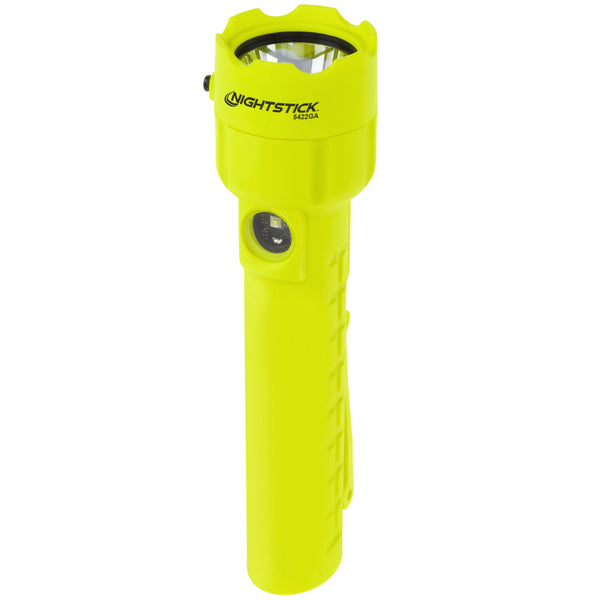 A bright yellow handheld flashlight labeled "Nightstick XPP-5422GA," a Zone 0 Intrinsically Safe Dual-Light Torch, stands upright on a white background.