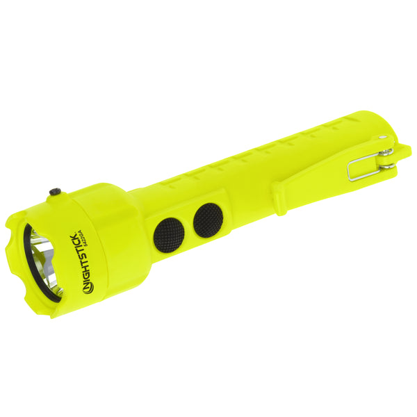 A yellow Nightstick XPP-5422GA [Zone 0] IS Dual-Light Torch with a side clip and two black buttons on the handle, shown against a white background.