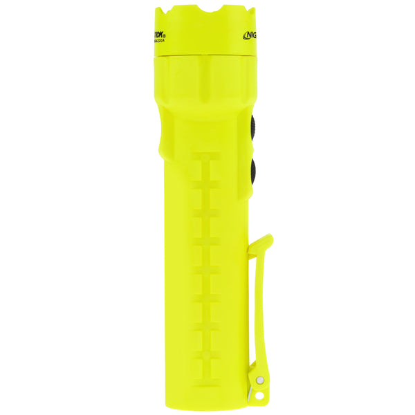 The Nightstick XPP-5422GA [Zone 0] IS Dual-Light Torch is a bright yellow, ATEX listed handheld flashlight with a side clip and textured grip, shown upright against a white background.