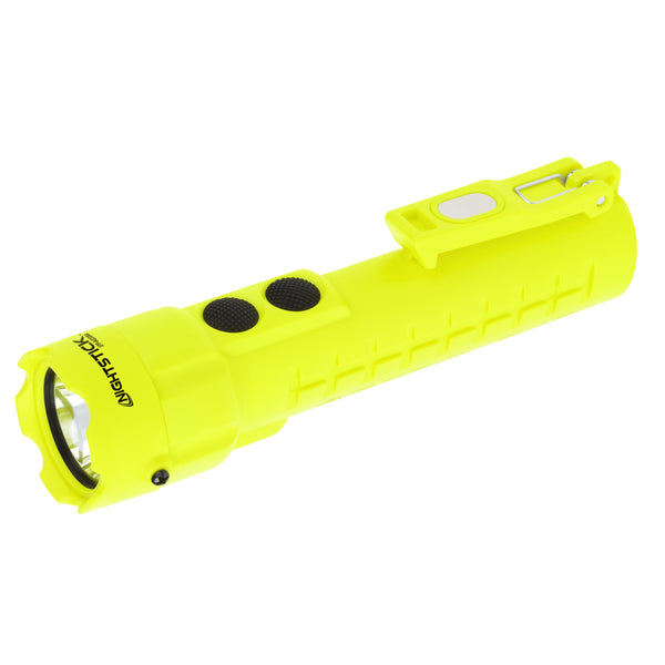 The Nightstick XPP-5422GMA [Zone 0] IS Dual-Light Flashlight w/Dual Magnets is yellow, features a top clip, two black buttons, Dual-Light LED technology, magnets, and a textured grip for enhanced safety and convenience.