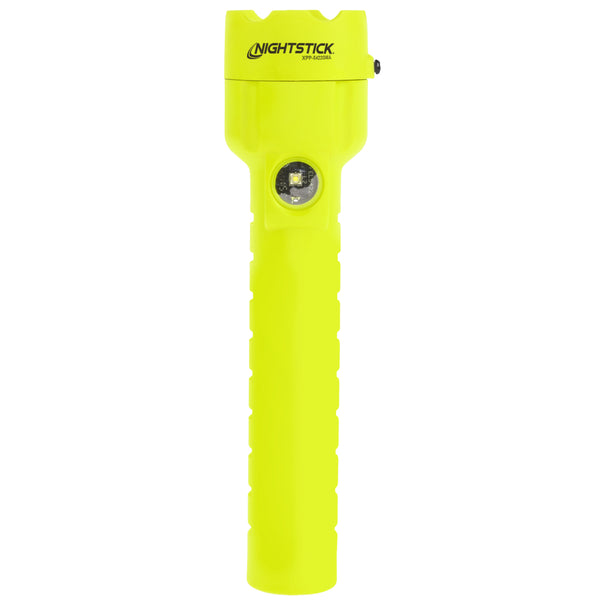 A bright yellow Nightstick XPP-5422GMA [Zone 0] IS Dual-Light Flashlight w/Dual Magnets features a textured grip, the "Nightstick" logo near the top, and a centrally placed LED light source below the brand name.