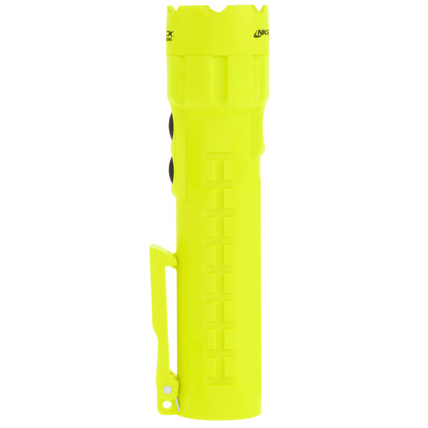 The Nightstick XPP-5422GMA [Zone 0] IS Dual-Light Flashlight w/Dual Magnets is a bright yellow safety flashlight with a textured grip, black buttons, and side clip, shown upright against a white background.