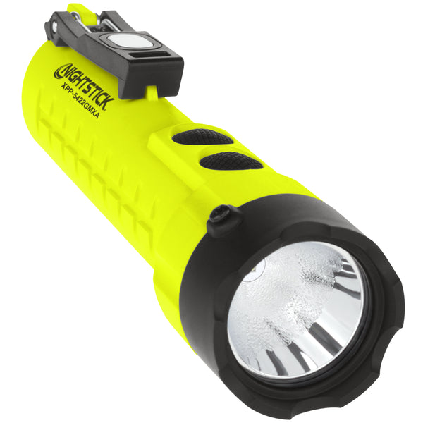 The Nightstick XPP-5422GMXA [Zone 0] IS Dual-Light Torch is a yellow and black handheld flashlight with a textured grip, front lens, side buttons, and dual magnets for hands-free use.