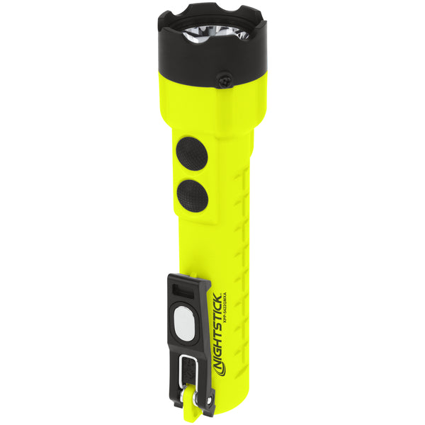 A yellow and black Nightstick XPP-5422GMXA [Zone 0] IS Dual-Light Torch with dual magnets and a side clip stands upright on a white background.