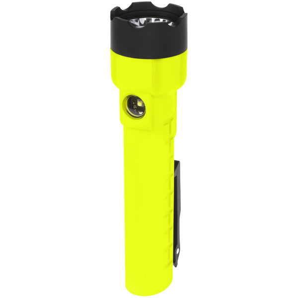 The Nightstick XPP-5422GMXA [Zone 0] IS Dual-Light Torch w/Dual Magnets is a bright yellow LED flashlight with a black top and side switch, shown standing upright against a white background.