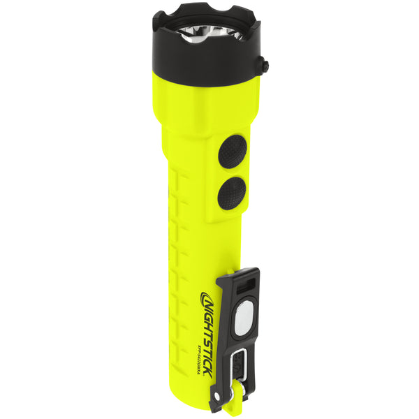 The Nightstick XPP-5422GMXA [Zone 0] IS Dual-Light Torch w/Dual Magnets is a bright yellow LED flashlight with black accents, two large black buttons, and a built-in black and silver clip near the base.