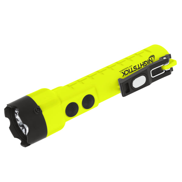 The Nightstick XPP-5422GMXA [Zone 0] IS Dual-Light Torch features dual magnets, a bright yellow body, black bezel, side buttons, and a black clip. Its waterproof and rugged design ensures reliable use in tough conditions.