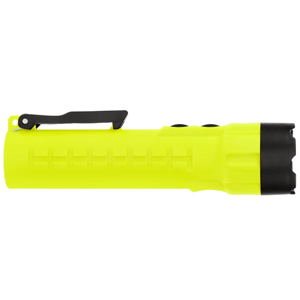 The Nightstick XPP-5422GMXA [Zone 0] IS Dual-Light Torch w/Dual Magnets is a bright yellow intrinsically safe flashlight with a textured grip, black clip, and black bevel for durability, shown in side view against a white background.