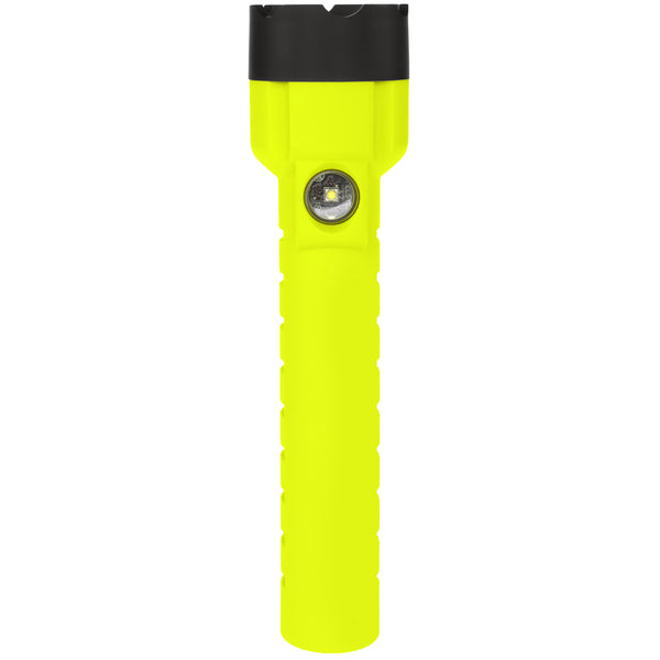 The Nightstick XPP-5422GMXA [Zone 0] IS Dual-Light Torch w/Dual Magnets is a bright yellow flashlight with a black head, textured grip, round power button on the handle, and features dual light modes.