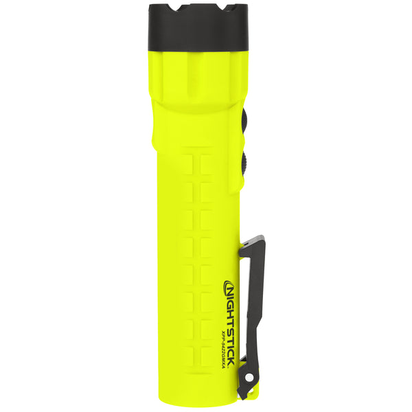 A Nightstick XPP-5422GMXA [Zone 0] IS Dual-Light Torch with dual magnets, featuring a bright yellow body, black top, textured grip, and black pocket clip, stands upright on a white background.