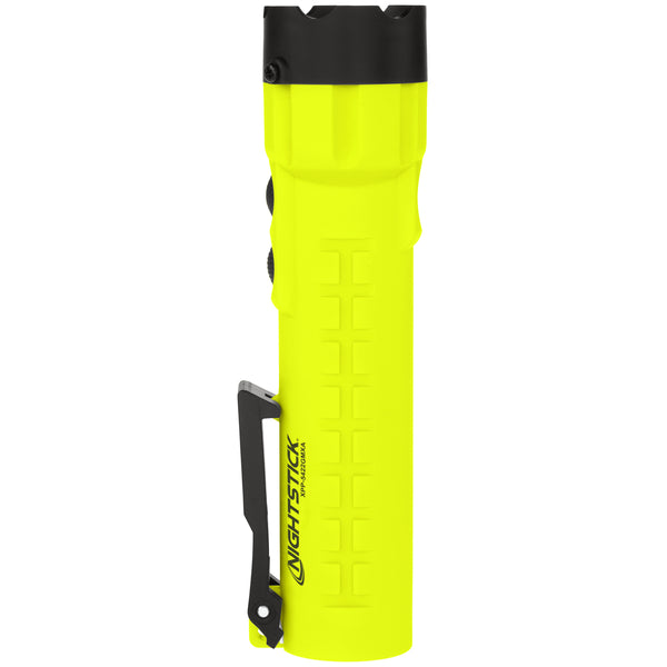 The Nightstick XPP-5422GMXA [Zone 0] IS Dual-Light Torch w/Dual Magnets is a bright yellow flashlight with a black head and metal clip, shown upright against a white background.