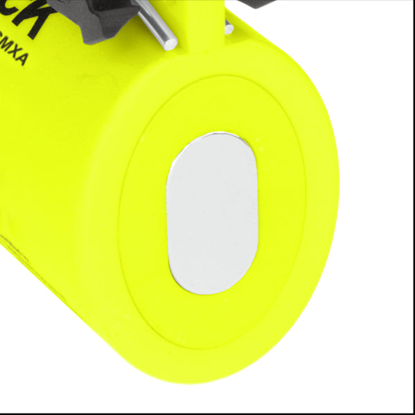 A close-up of the end of the bright yellow Nightstick XPP-5422GMXA [Zone 0] IS Dual-Light Torch w/Dual Magnets shows a silver oval plate in the center and part of a black clip at the top.