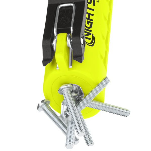 Close-up of the Nightstick XPP-5422GMXA [Zone 0] IS Dual-Light Torch with a yellow handle, black clip, and "NIGHTS" branding, securely holding metal screws magnetically at its end.