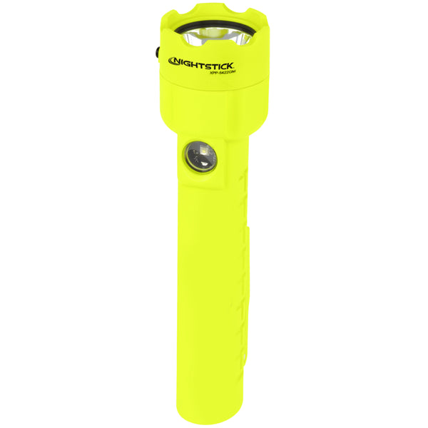 The Nightstick XPP-5422GM [UL-913] IS Permissible Dual-Light Flashlight w/Dual Magnets is a bright yellow, intrinsically safe flashlight with a cylindrical body and a side black button, shown upright against a white background.