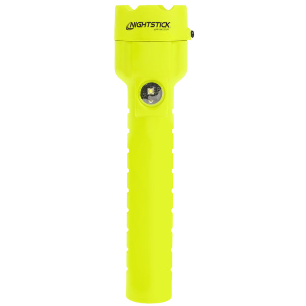 A yellow handheld Nightstick XPP-5422GM [UL-913] IS Permissible Dual-Light Flashlight with a textured grip, dual magnets, waterproof design, and single LED bulb labeled "Nightstick" near the top.