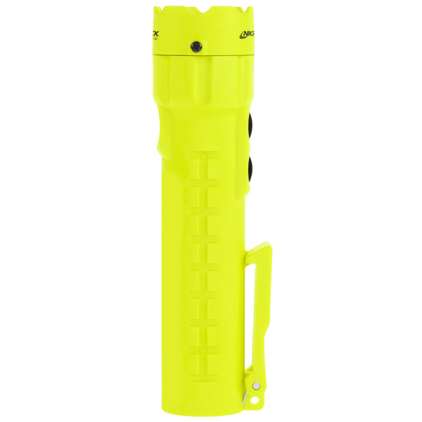 The Nightstick XPP-5422GM [UL-913] IS Permissible Dual-Light Flashlight w/Dual Magnets features a bright yellow body, textured grip, and side clip, shown standing upright against a white background.