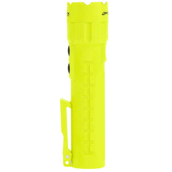 The Nightstick XPP-5422GM [UL-913] IS Permissible Dual-Light Flashlight w/Dual Magnets, shown upright on a white background, features a bright yellow body, textured grip, built-in clip, and dual magnets for hands-free use.