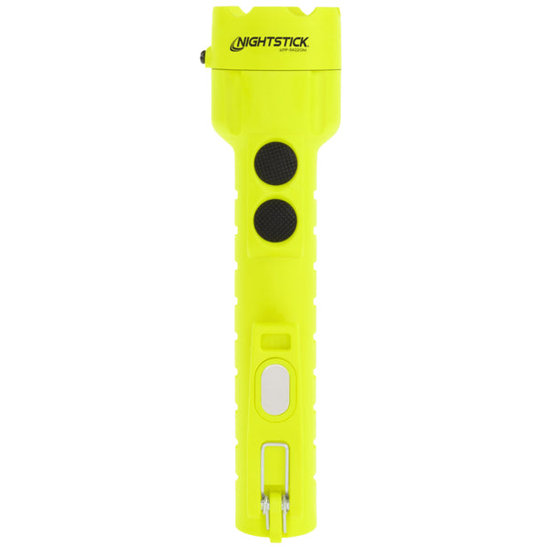 The Nightstick XPP-5422GM [UL-913] is a yellow dual-light LED flashlight emergency tool with two black buttons, a built-in metal tip for breaking glass or cutting seatbelts, and dual magnets for hands-free use.