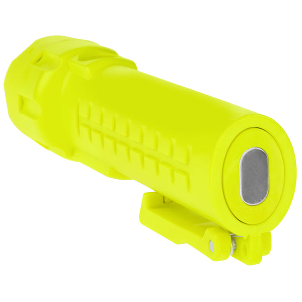 The Nightstick XPP-5422GM [UL-913] IS Permissible Dual-Light Flashlight w/Dual Magnets is a bright yellow, intrinsically safe flashlight with textured grip and metal base contact, shown from an angled view.