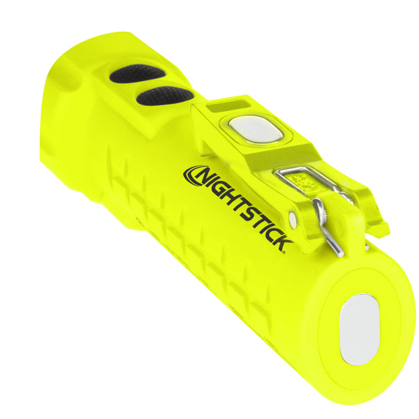 The Nightstick XPP-5422GM [UL-913] IS Permissible Dual-Light Flashlight with dual magnets is shown on a white background. It has a yellow body, black buttons, and a metal clip.