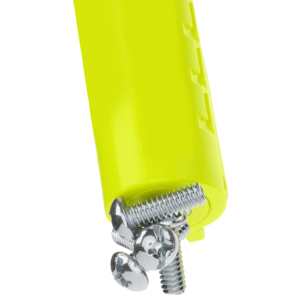 A close-up of metal screws partially inserted into one end of a Nightstick XPP-5422GM [UL-913] IS Permissible Dual-Light Flashlight with Dual Magnets in bright yellow plastic.