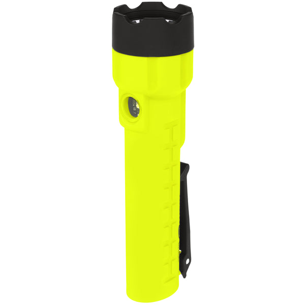 The Nightstick XPP-5422GXA [Zone 0] IS Dual-Light Torch, featuring a yellow body, black top, and side clip, stands upright against a white background.