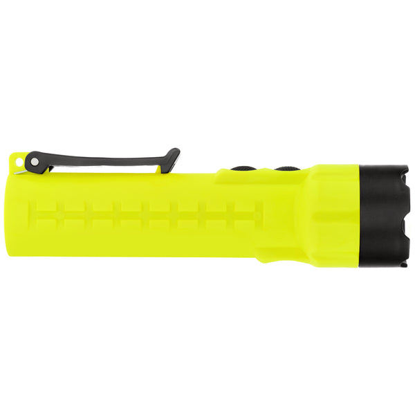 The Nightstick XPP-5422GXA [Zone 0] IS Dual-Light Torch is a bright yellow intrinsically safe torch with a black clip and head, shown in side view on a white background.
