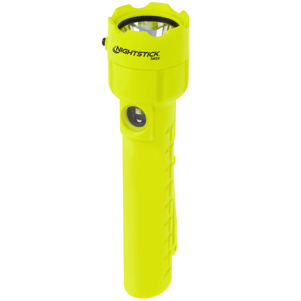 A yellow Nightstick XPP-5422G [UL-913] IS Permissible Dual-Light Flashlight with a textured grip, on/off switch, and round upward-facing lens.