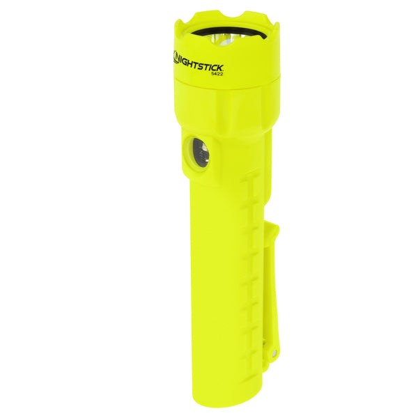 The Nightstick XPP-5422G [UL-913] yellow handheld flashlight, MSHA listed, features Dual-Light LED, a side button, and clip, and stands upright against a white background.
