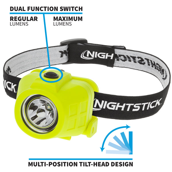 The Nightstick XPP-5450G [Zone 0] IS Dual-Function Headlamp is shown in bright yellow with a black strap, featuring a dual-function switch, multi-position tilt-head, and hard hat compatibility for hands-free safety.