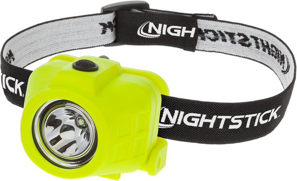 The Nightstick XPP-5450G [Zone 0] IS Dual-Function Headlamp is a yellow intrinsically safe LED headlamp with a black "NIGHTSTICK" strap, large round spotlight, and top power button—perfect for hard hat use.