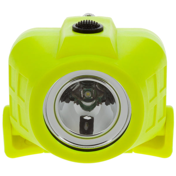 A close-up of the Nightstick XPP-5450G [Zone 0] IS Dual-Function Headlamp, featuring a bright yellow body, circular lens, and black top button, set against a white background.