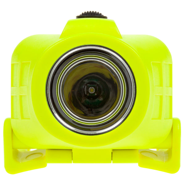 The Nightstick XPP-5450G [Zone 0] IS Dual-Function Headlamp is a compact, bright yellow device with a circular front lens, mounted on a matching yellow base and shown against a white background, resembling a hard hat light.