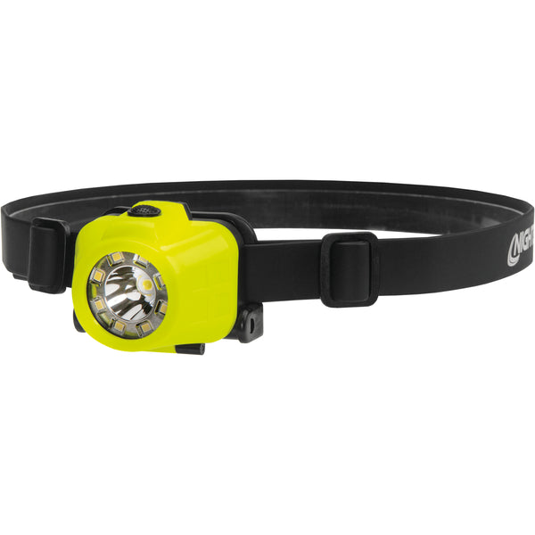 The Nightstick XPP-5453G [UL-913] IS Multi-Function Dual-Light Headlamp features a yellow and black design with an adjustable strap, ideal for hands-free, safe illumination—perfect as a hard hat headlamp.